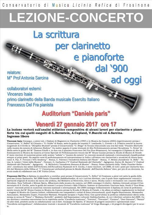 Lezione-Concerto "Il clarinetto e pianoforte dal '900 ad oggi"