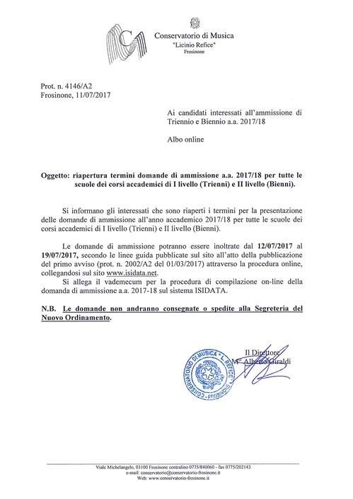 Riapertura termini domande di ammissione a.a. 201718 per tutte le scuole dei corsi accademici di I livello (Trienni) e II livello (Bienni)