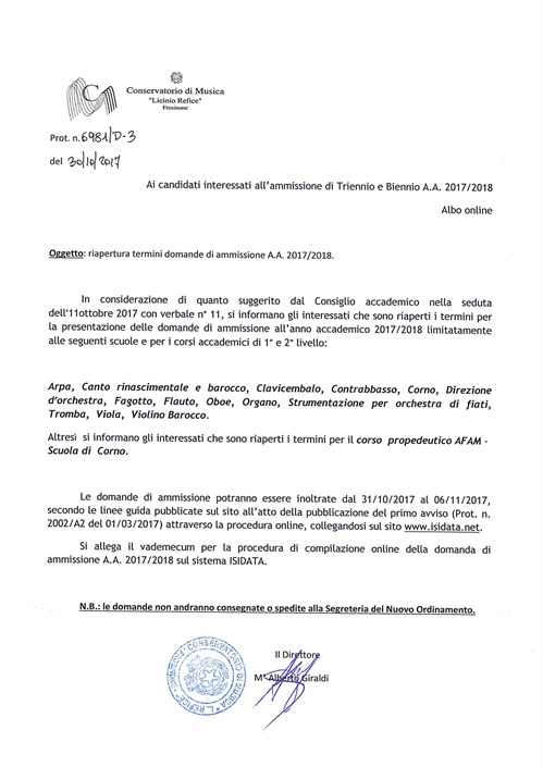 RIAPERTURA TERMINI ESAMI DI AMMISSIONE